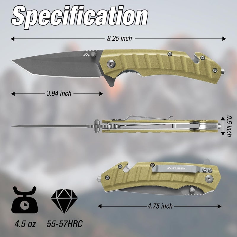 FLISSA Folding Pocket Knife, Knife with Liner Lock, Tanto Blade, Pocket Clip, Glass Breaker, Seatbelt Cutter, Perfect for Outdoor Camping(Coyote Brown) - Image 2